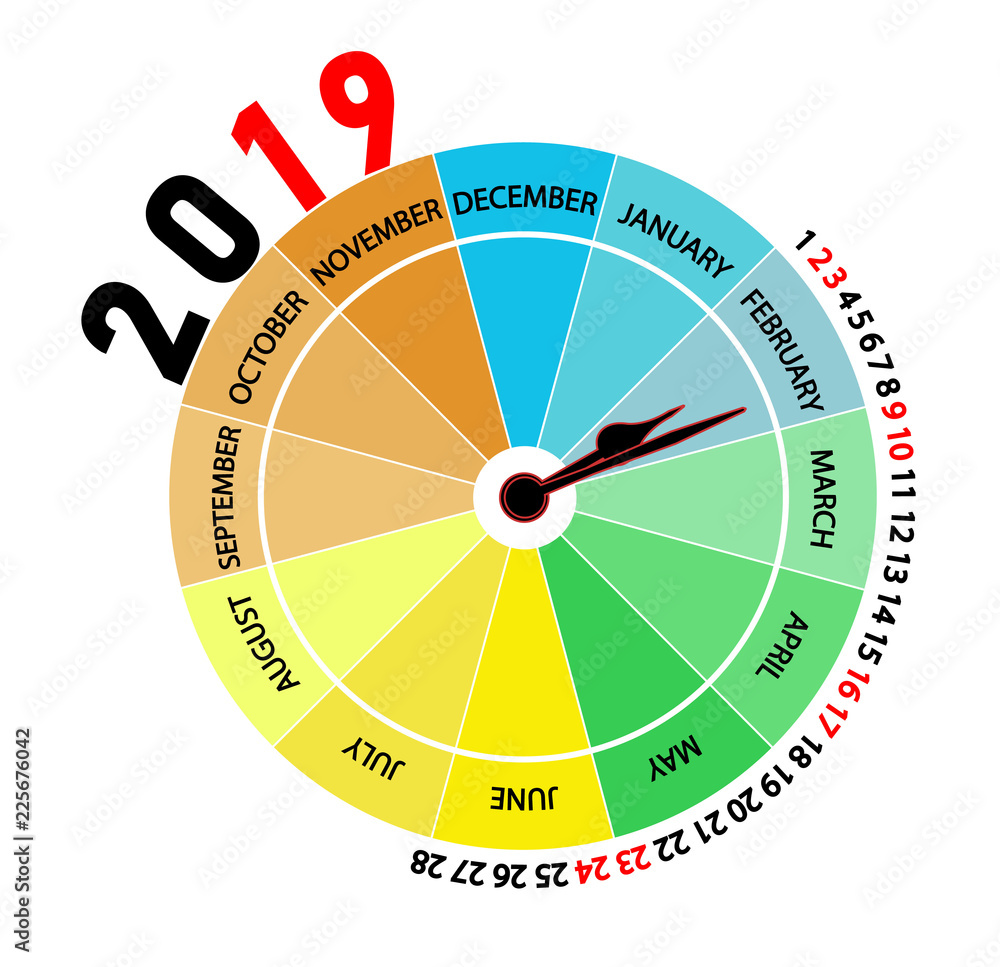 Vector 2019 calendar: February. Original calendar with the shape of a clock that indicates the month and the season of the year by color. Vector 2019 calendar: February. Original calendar with the shape of a clock that indicates the month and the season of the year by color.