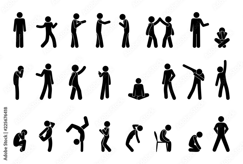 stick figure people pictogram, set of human silhouettes, man icon, various  poses, gestures and movements Stock Vector