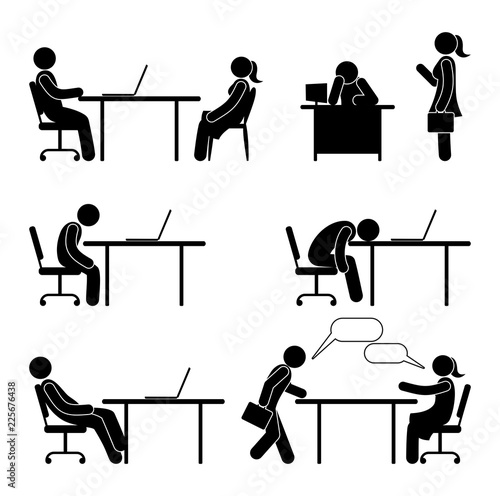 Employee works, sleeps, conducts the interview. Worker works in the workplace in the office. Stick figure pictogram people, office life. Computer work illustration.