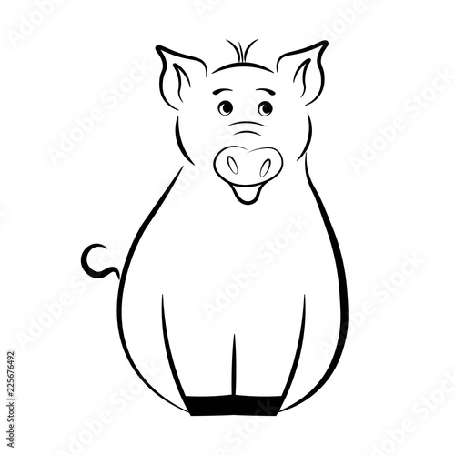 Funny pig in a black contour on a white background. Illustration, 