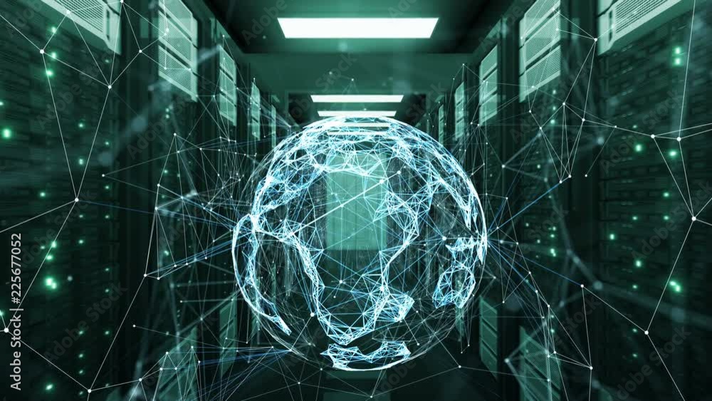 Spherical Computer Racks Hologram Earth Sphere Network Communications. Rows of Server Racks in ...