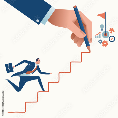 Stairs to the goal. Businessman‘s hand drawing a line leading to the target. Business vector concept illustration