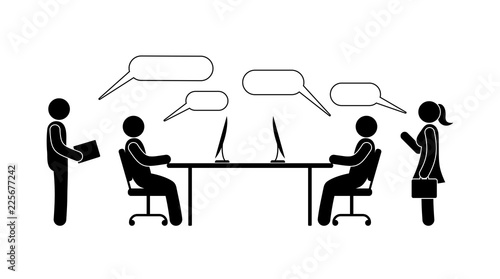 Meeting, business, leadership, decision making, group discussion and workshop. Icon people in the office working at the computer.