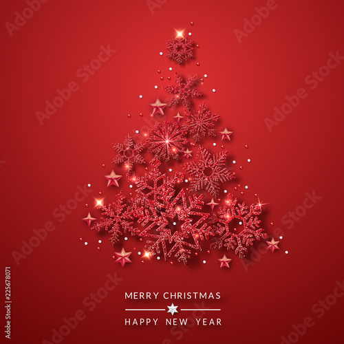 Christmas tree background with shining red snowflakes, stars and balls. Merry Christmas card illustration on red background