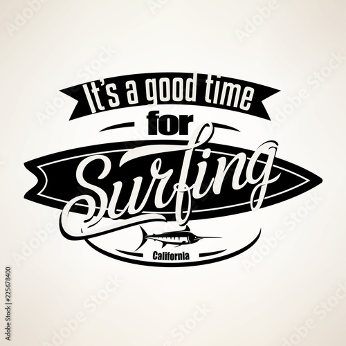 Surfing emblem template, surfboard silhouette with lettering
