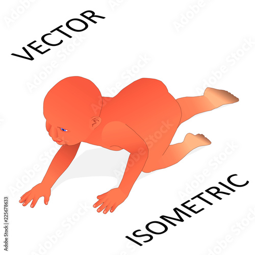 Crawling toddler in isometry. Cute cartoon baby crawling.