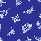 Seamless border of flowers and butterflies on a blue background, vector illustration, silhouette. Floral print for fabric and other designs.