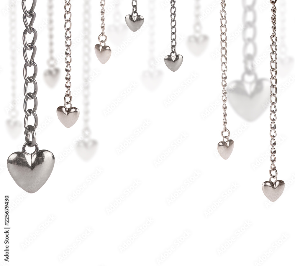 half frame from steel hearts and long chains on white half frame from steel hearts and long chains on white