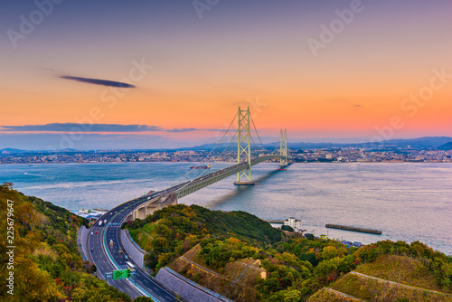 Awaji Island, Japan view of the Akashi Kaikyo Ohashi Bridge spanning the Seto Inland Sea to Kobe.