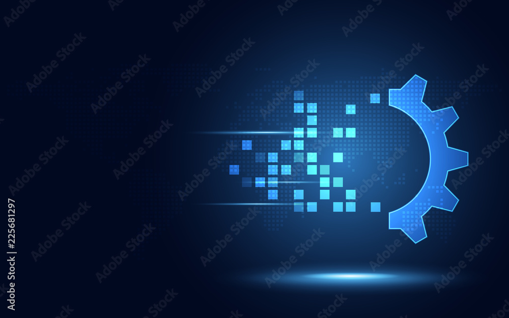 Obraz premium Futuristic blue gear digital transformation abstract technology background. Artificial intelligence and big data concept. Business growth computer and investment industry 4.0 . Vector illustration