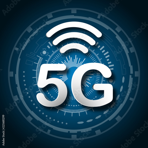 5G cellular mobile communication blue logo background with global network line link transmission. Digital transformation and technology concept. Massive future device connection high speed internet
