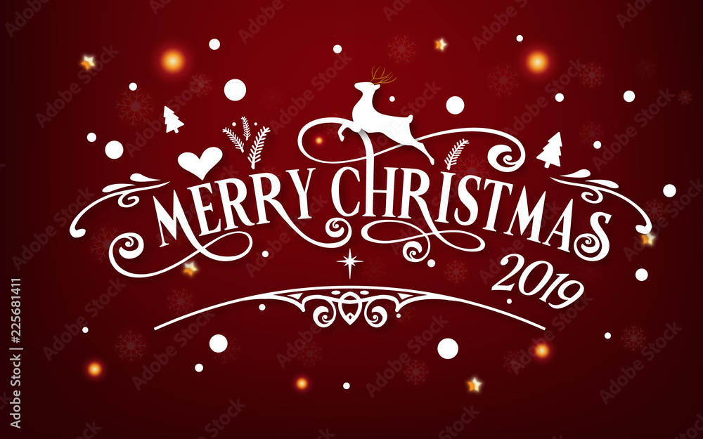 Merry Christmas day 2019. Happy new year and Xmas festival end year party message text  calligraphy decoration greeting card abstract wallpaper background. Holiday paper art graphic design vector.