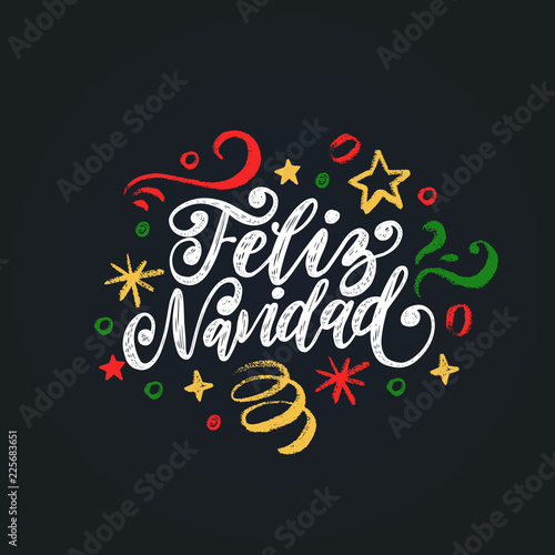 Feliz Navidad, handwritten phrase, translated from Spanish Marry Christmas. Vector New Year Tinsel illustration.