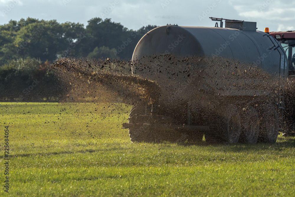 Fototapeta premium A farm tractor sprays its manure from the tanker onto a field. Manure is used as fertilizer in agriculture. Concept: agriculture