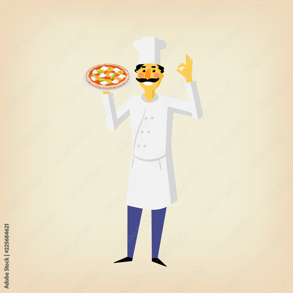 Vector illustration. Flat style icon of italian chef. Cute character for logo or different design. Funny cook with pizza margarita. Vector illustration. Flat style icon of italian chef. Cute character for logo or different design. Funny cook with pizza margarita.