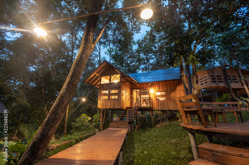 Obraz na plátně Architecture wooden house in rainforest