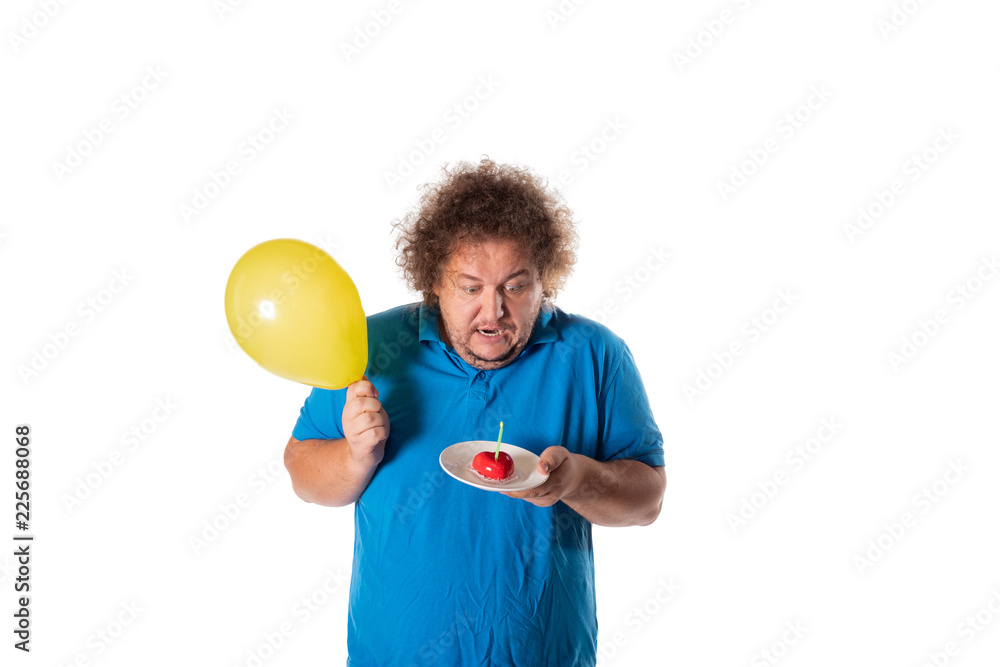 Funny fat man with cake and balloons. Happy birthday Funny fat man with cake and balloons. Happy birthday
