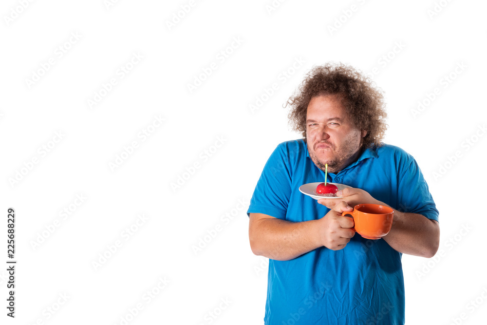 Funny fat man with mug and cake. Happy birthday Funny fat man with mug and cake. Happy birthday