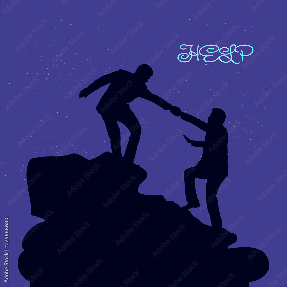 Silhouette of two people metaphor (help, support, friendship), on the mountain, hand in hand, on a dark blue background and the moon