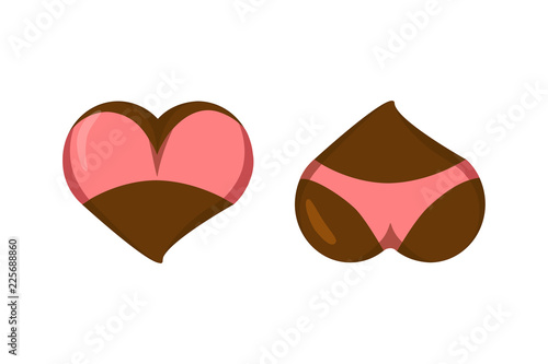 Stylized Heart icons with underwear, ass in bikini and boobs in bra. Good for Valentine s Day love greeting card, poster, banner, logo, icon for lingerie shop or sex shop. Hot intimate stickers