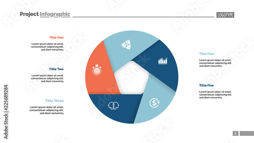 Donut chart with five sections. Infochart, swot analysis, slide template. Reference data concept. Can be used for presentations, layouts, reports