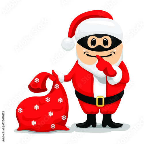 Concept of Secret Santa. Santa Claus wearing a black mask and secretly putting his finger to the lips. Vector illustration in cartoon style on white background.