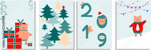 Christmas and Happy new year postcard with pigs, gifts and holiday decoration.Ready template of cards.