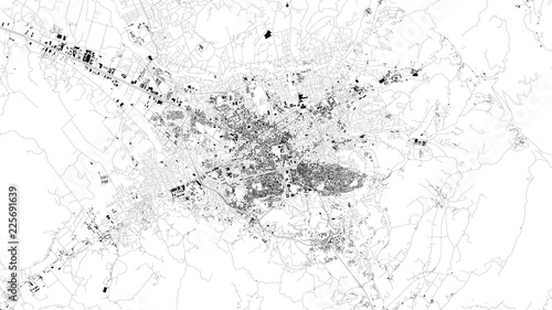 Mappa satellitare di Tirana, Albania, strade della città. Stradario e mappa del centro città.