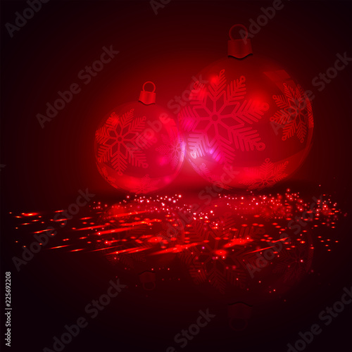 Composition in red tint with silhouettes of Christmas balls with reflection.