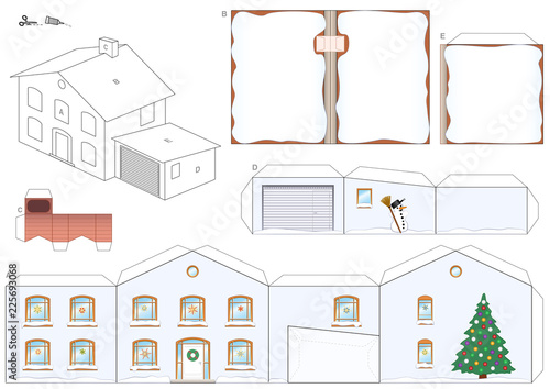 Paper model of a house in winter with christmas tree, snowman and snowy roofs and a chimney for Santa Claus - easy to make - print template on heavy paper, cut the pieces out, score, fold and glue it.
