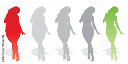 Vector conceptual fat overweight obese female vs slim fit healthy body after weight loss or diet with muscles thin young woman isolated. Fitness, nutrition or fatness obesity, health silhouette shape