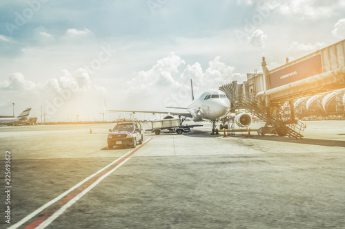 Photography Preparation airplane flight in airport sky cloud background