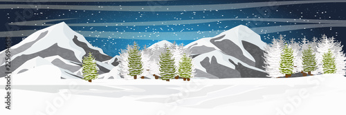 Starry night in winter. Mountains and spruce forest in the snow. Vector landscape of the Arctic, Antarctica, Greenland, Alaska or Canada. Northern landscapes.