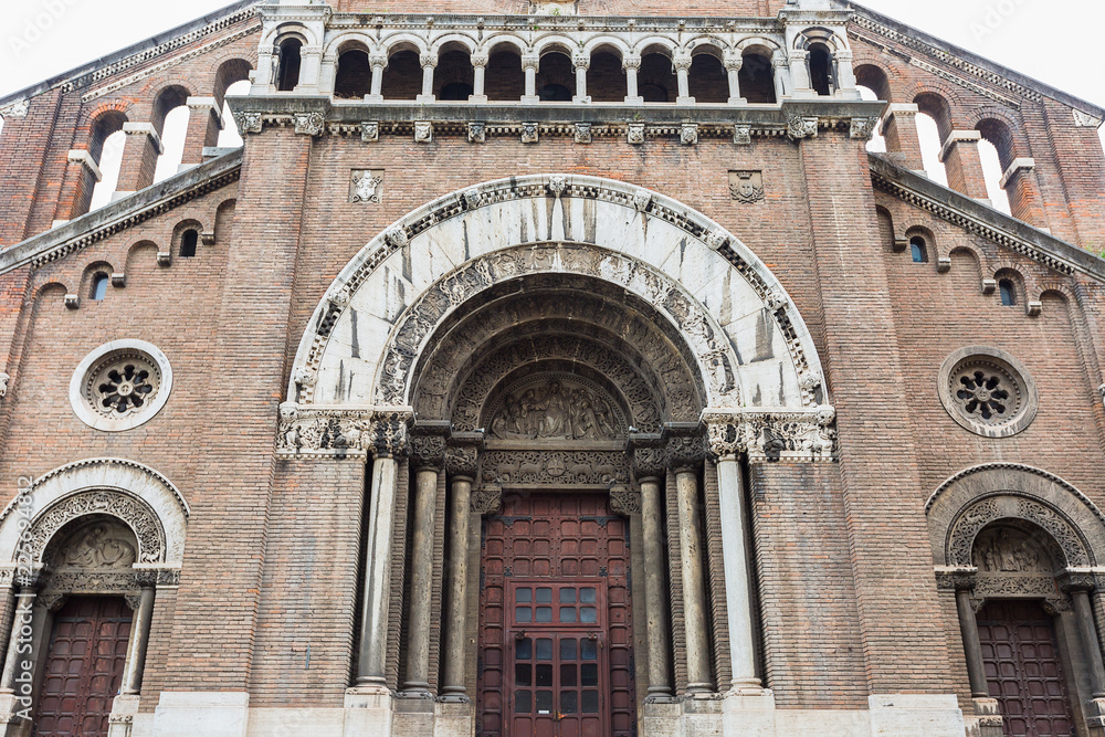 Facade of the Basilica St. Camillus de Lellis in the Neo-Gothic style in Rome, Italy