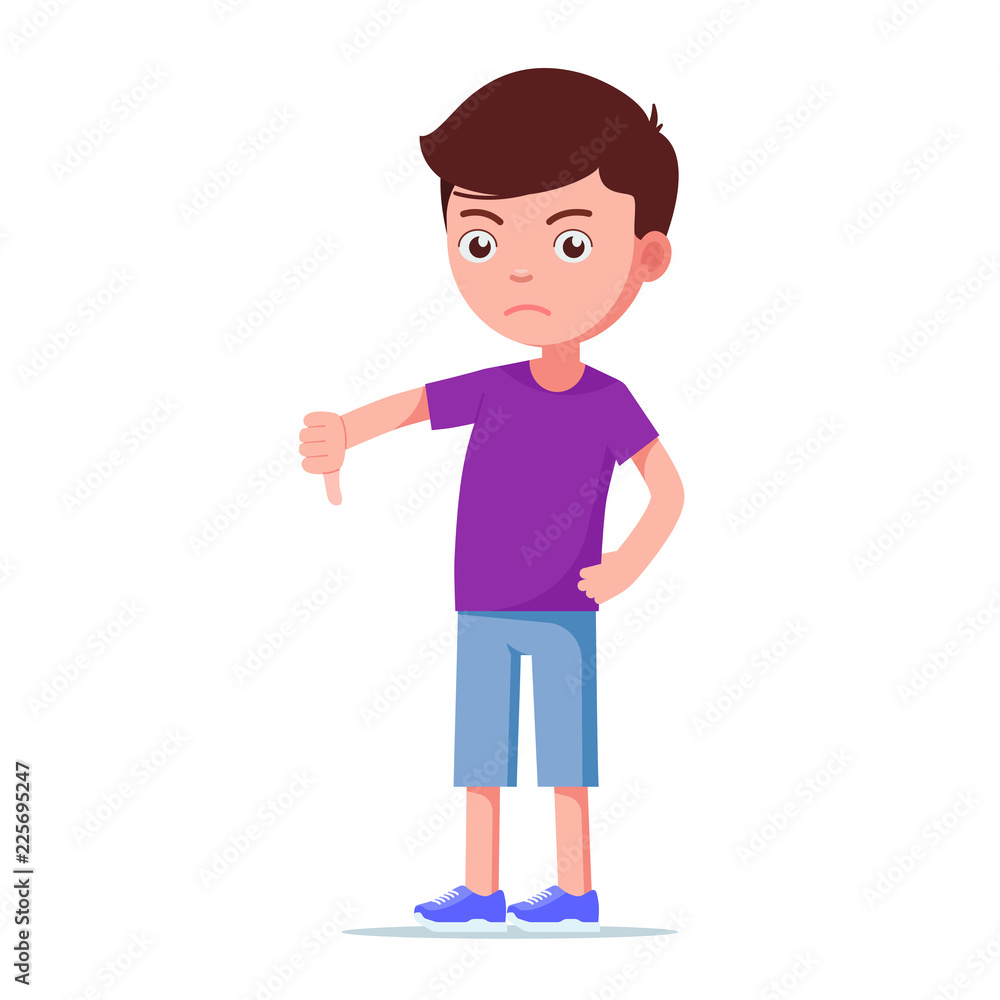 Cartoon unhappy boy showing thumbs down