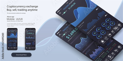 Mobile app infographic template with modern design weekly and annual statistics graphs. Pie charts, workflow, web design, UI elements. 