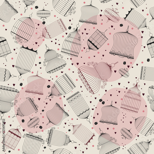 Retro seamless pattern with birds cages, hearts and coffee beans