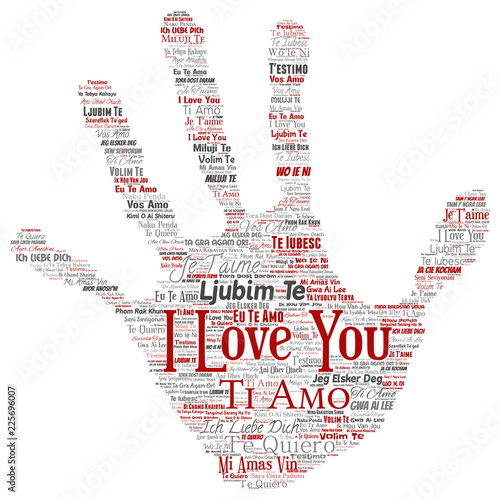 Vector conceptual sweet romantic I love you multilingual message hand print stamp word cloud isolated background. Collage of valentine day, romance affection,  happy emotion or passion lovely concept