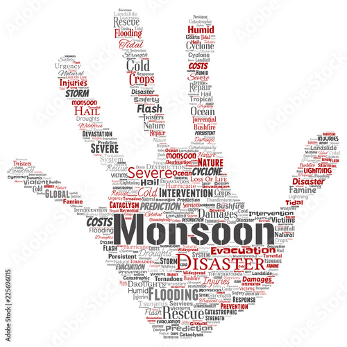 Vector conceptual monsoon dangerous weather hand print stamp meteorology word cloud isolated background. Collage of tropical dramatic storm force, strong wind blowing, rain hail thunderstorm concept