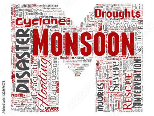 Vector conceptual monsoon dangerous weather letter font M red meteorology word cloud isolated background. Collage of tropical dramatic storm force, strong wind blowing, rain hail thunderstorm concept