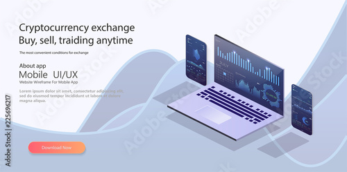 Online statistics and data Analytics.Digital money market, investment, finance and trading. Perfect for web design, banner and presentation. Isometric vector illustration.