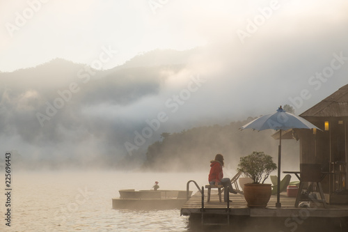 Chiangmai,Thailand-December 24,2017, The mist in the lake in the morningat Mountain Float Chiang Mai , Mae Ngud Som Boon Chol dam, Chiangmai, Thailand.