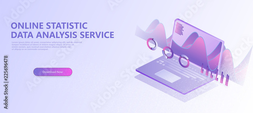 Finance analysis computer application. Isometric laptop with chart and financial growth graph.Online statistics and data Analytics.Digital money market, investment,finance and trading.Isometric vector