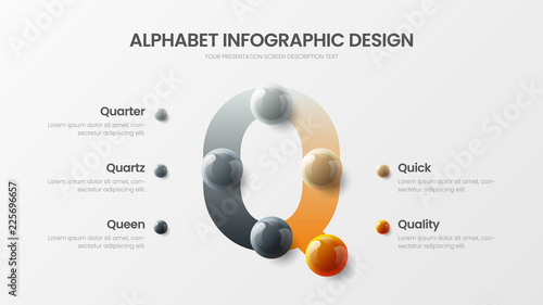 Amazing vector alphabet 5 option infographic 3D realistic colorful balls presentation. Bright multicolor character design illustration layout. Modern art Q symbol graphics visualization template.