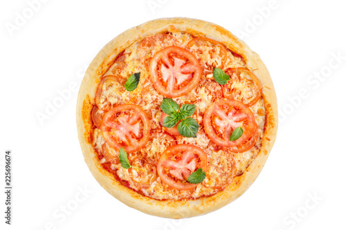 Pizza with tomato and basil on white background. View from above.