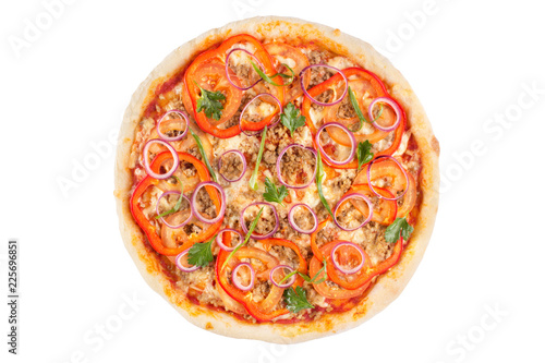 Meat pizza on a white background. View from above.
