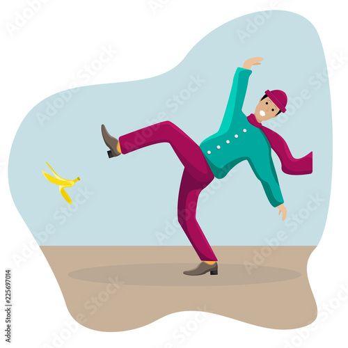 Vector flat illustration with a slipped man on a banana peel.