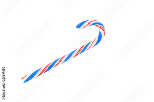 Christmas Candy cane with blue Bow isolated on white background.