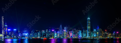 Wide panorama of Victoria Harbor night view at Hong Kong  China