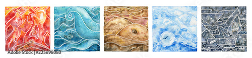 Five natural elements: fire, water, air, earth and metal. Watercolor illustration set.